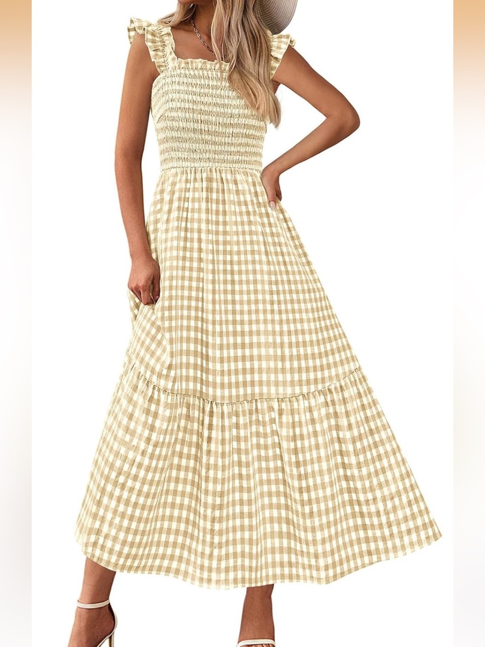 Summer Dress Casual Ruffle Strap Gingham Midi Sundress M. 605/DC-3:v
